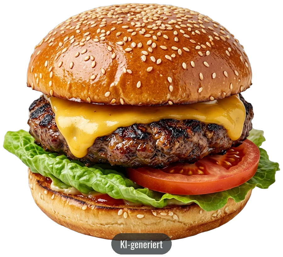 KI-generiertes Bild: Cheeseburger mit Sesambrötchen und Salatblatt