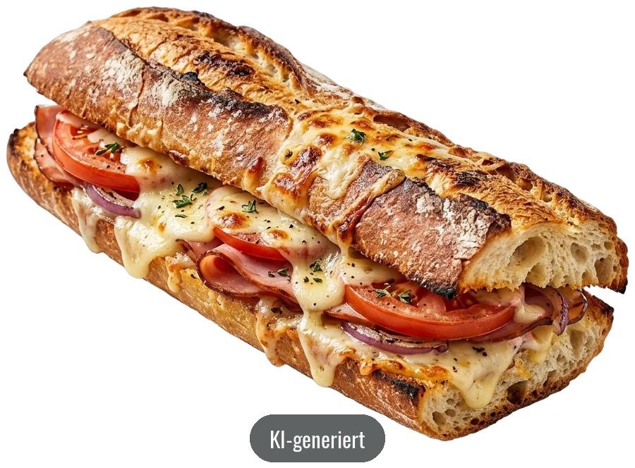 KI-generiertes Bild: Aufgeschnittenes Croque-Baguette mit geschmolzenem Käse