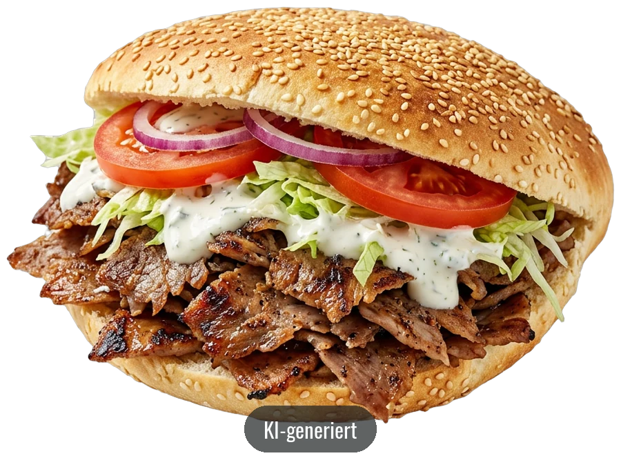 KI-generiertes Bild: Döner Kebab im Fladenbrot mit Salat und Tomaten