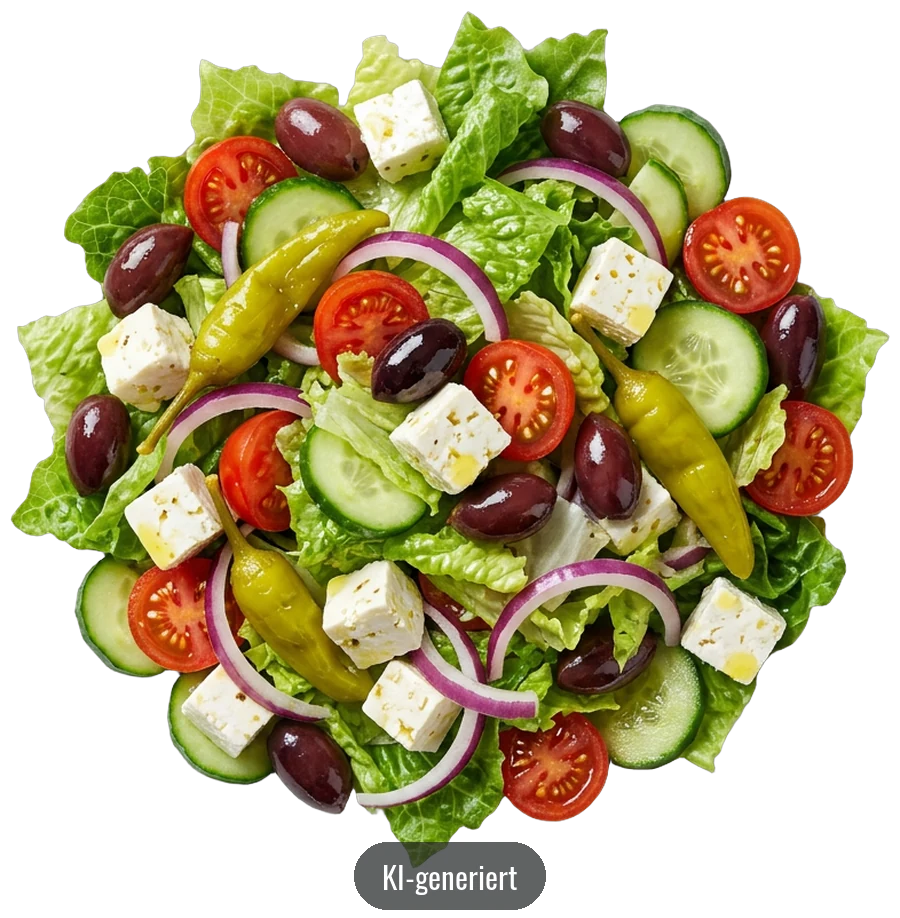 KI-generiertes Bild: Gemischter Salat mit Fetakäse, Tomaten und Oliven